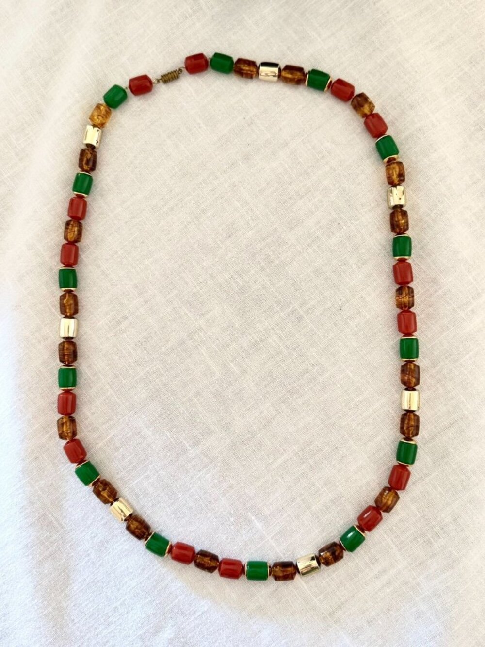 Lucite Bead Necklace Red Green Golden Brown Long Statement Jewelry UV Glow